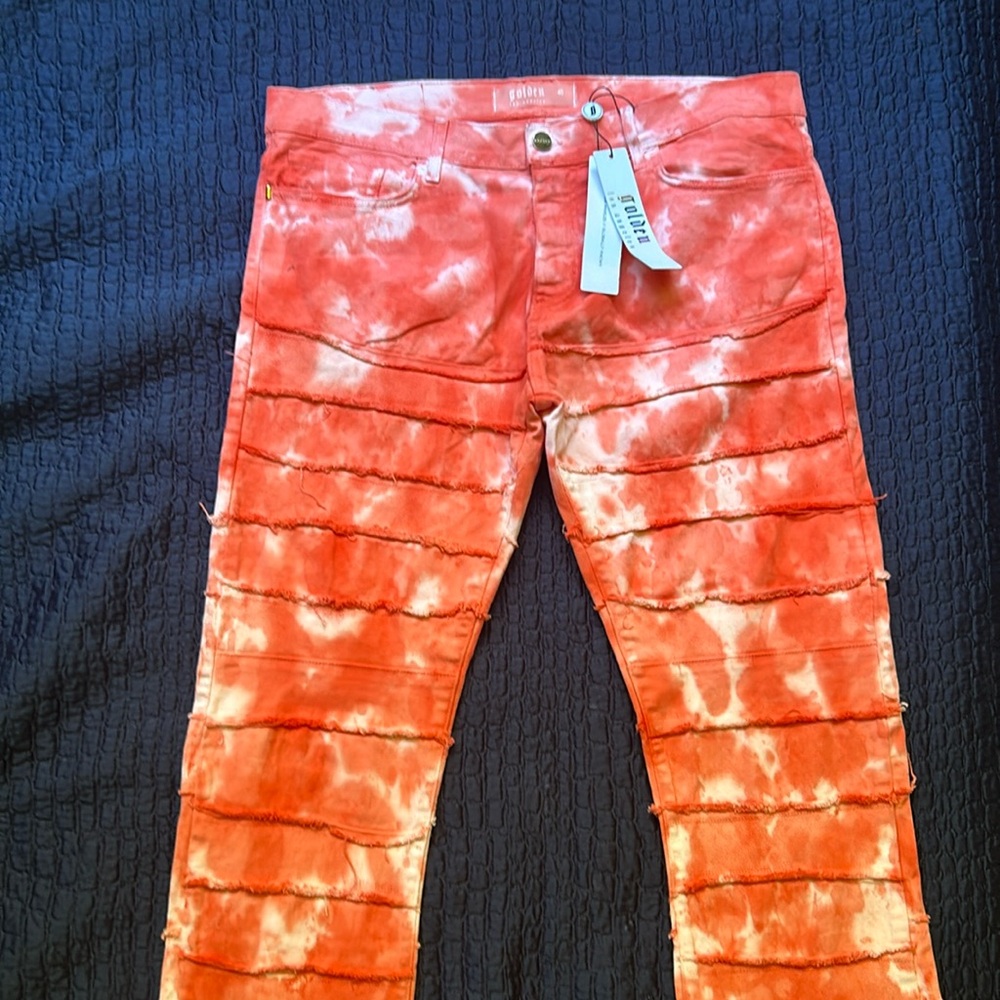 Light Red Tie-dyed Golden Denim Jeans, Size 40